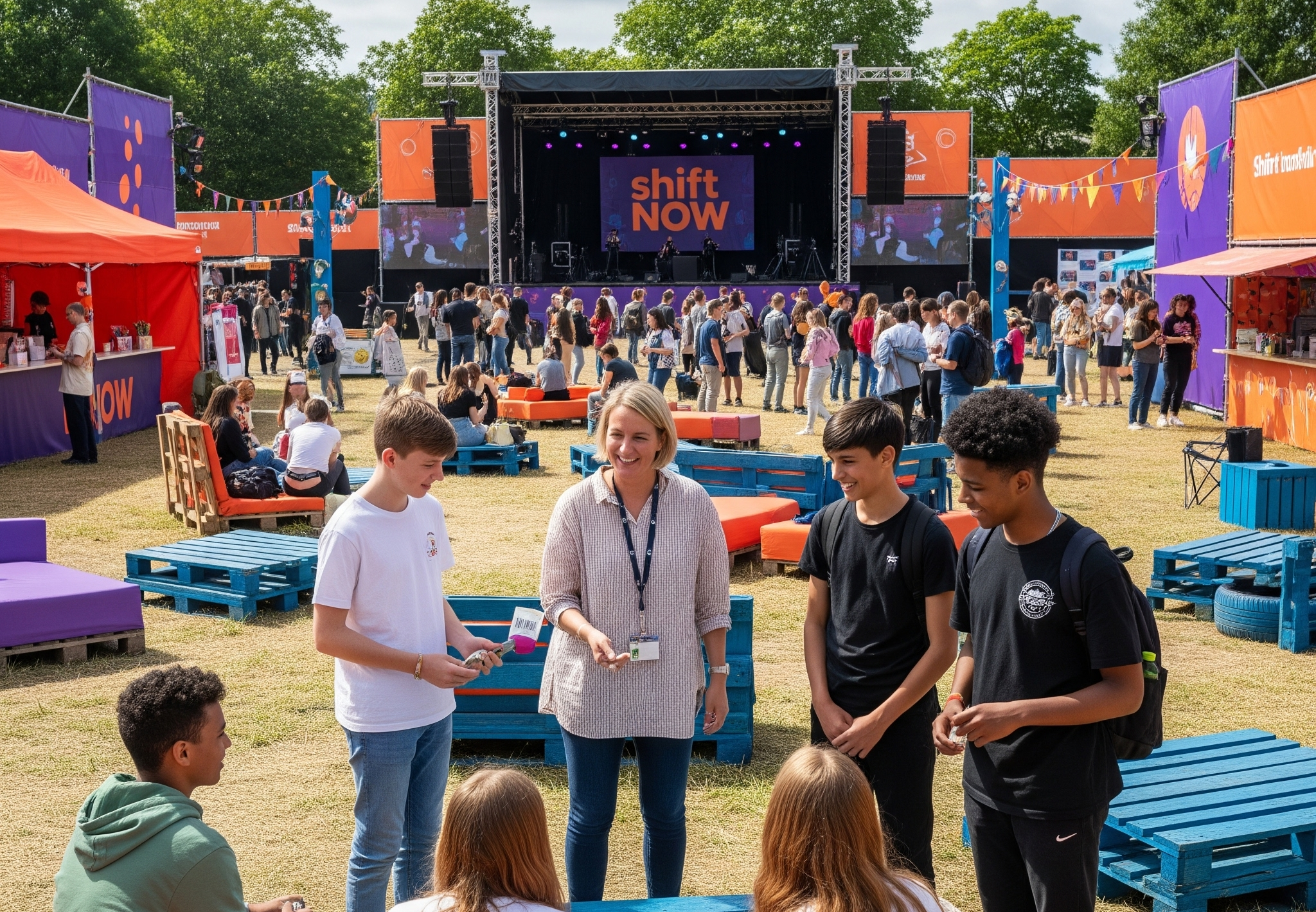 Man sieht eine Gruppe Schüler*innen mit einer Lehrerin auf einem Festival