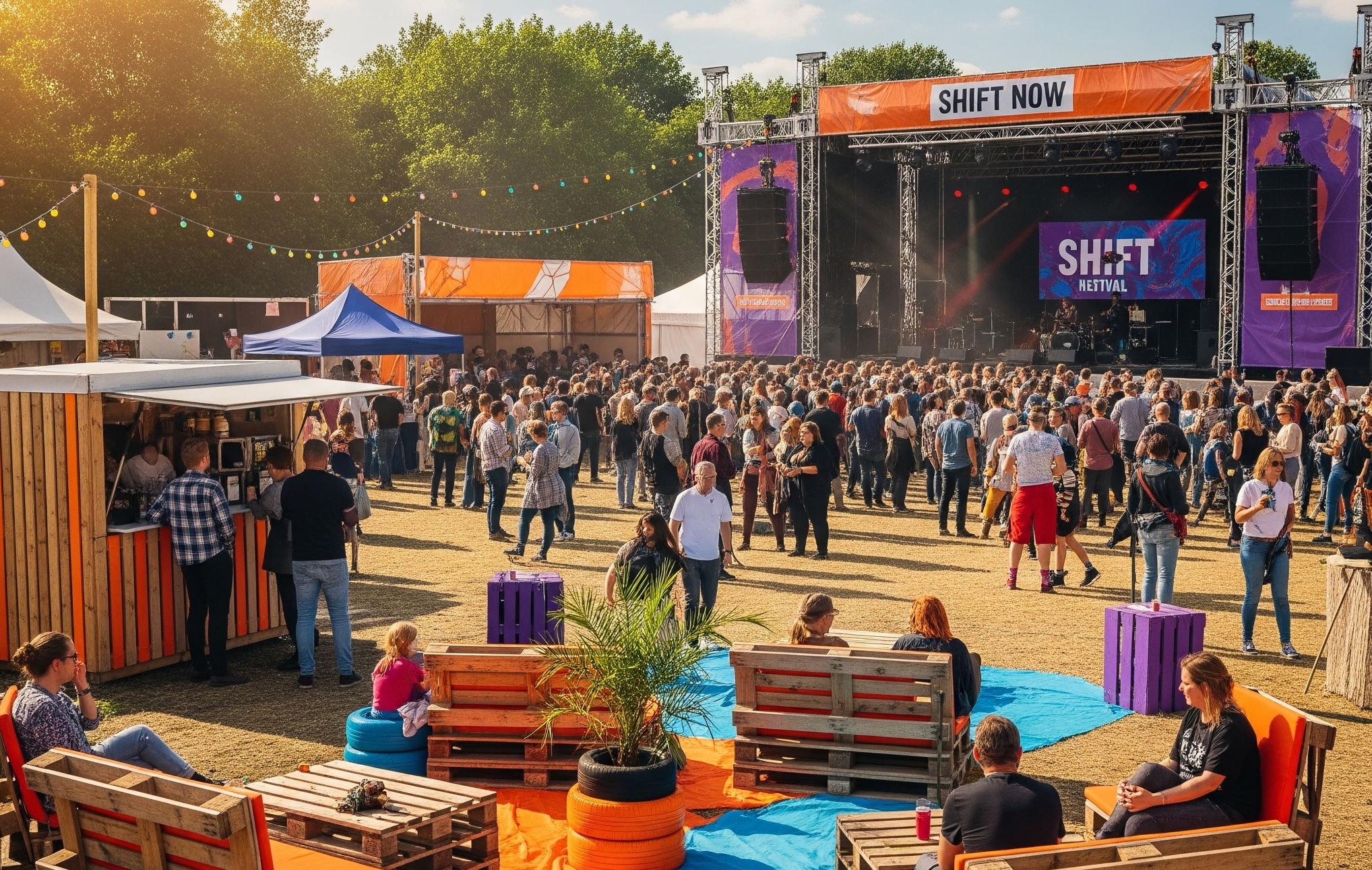 Man sieht Jugendliche auf einem Festival vor einer Bühne.