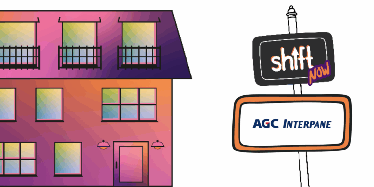Illustration eines bunten Gebäudes mit mehreren Fenstern und Balkonen. Daneben steht ein Schild mit den Logos „shift now“ und „AGC Interpane“.