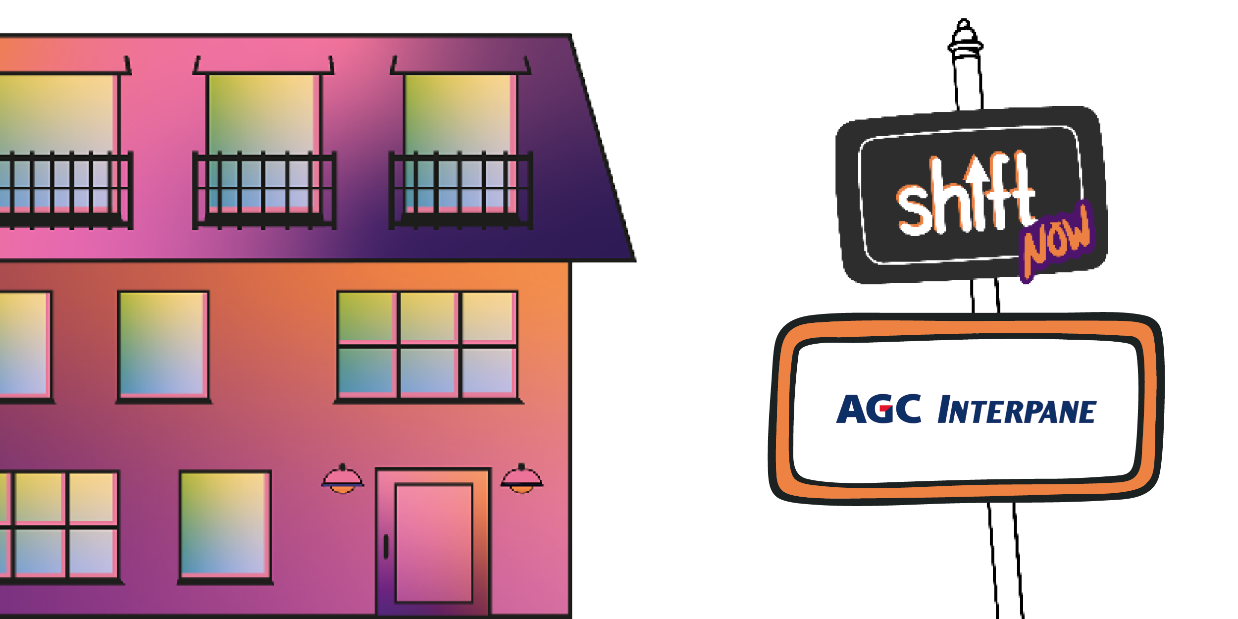 Illustration eines bunten Gebäudes mit mehreren Fenstern und Balkonen. Daneben steht ein Schild mit den Logos „shift now“ und „AGC Interpane“.