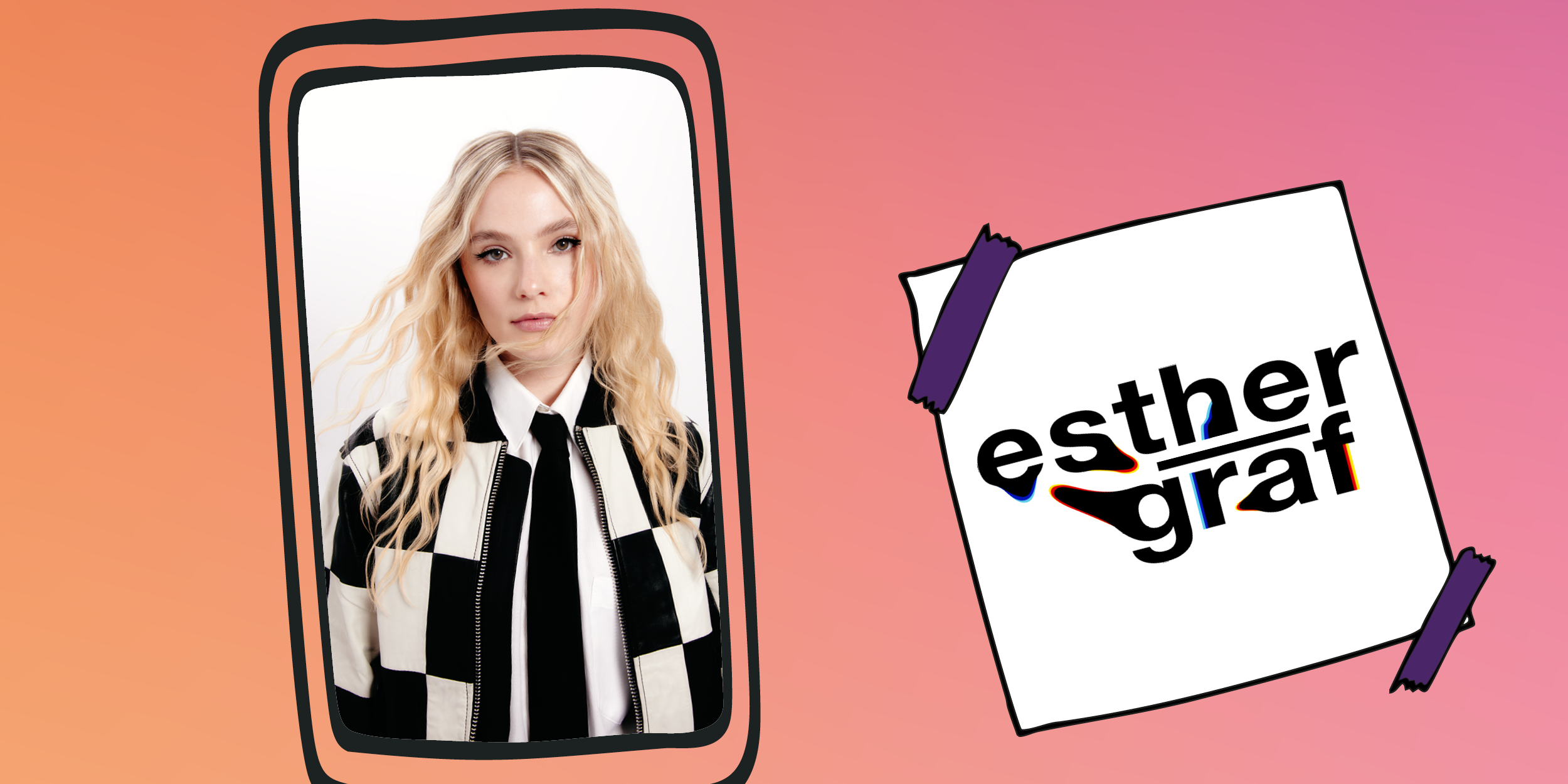 Porträt der Sängerin Esther Graf in schwarz-weißer Jacke und Krawatte vor weißem Hintergrund, neben ihrem grafischen Logo auf farbigem Hintergrund.