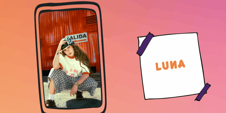 Musikerin Luna in lässigem Streetwear-Look mit Kappe und karierten Hosen vor rotem Container, daneben ihr Name in oranger Schrift auf weißem Feld.