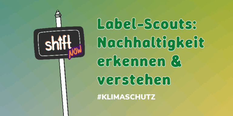 Auf einem farbigen Hintergrund steht der Titel des Workshops: "Label-Scouts: Nachhaltigkeit erkennen & verstehen" und "#Klimaschutz". Daneben ist das Logo vom Shift Now Festival zu sehen.